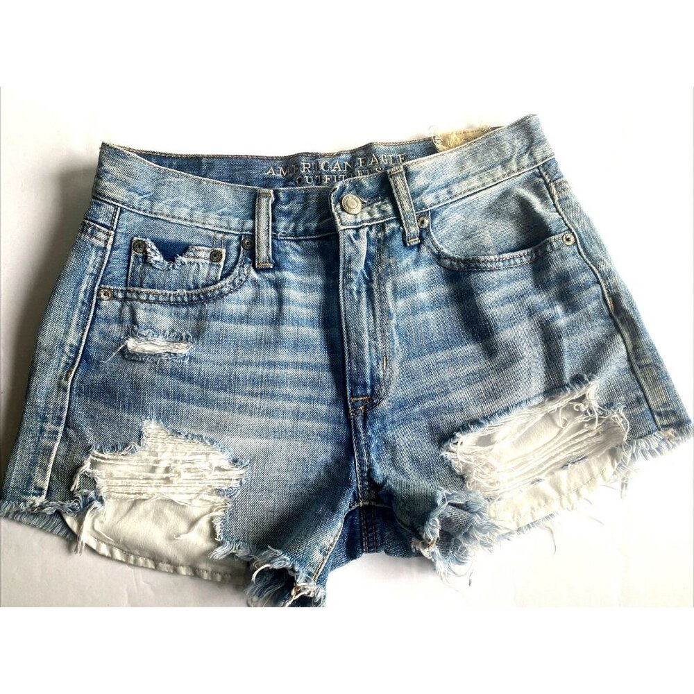 American Eagle Shorts Size 2 Hi-Rise Booty Super Distress Blue Jean Denim